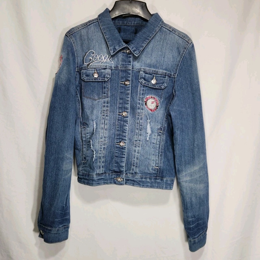 COOGI Womens Jean Jacket Size Large Vintage Embroidered Patch Distressed